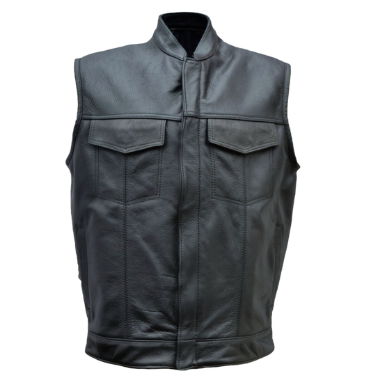 Men's Zipper Front Collar Black Leather Club Vest #75