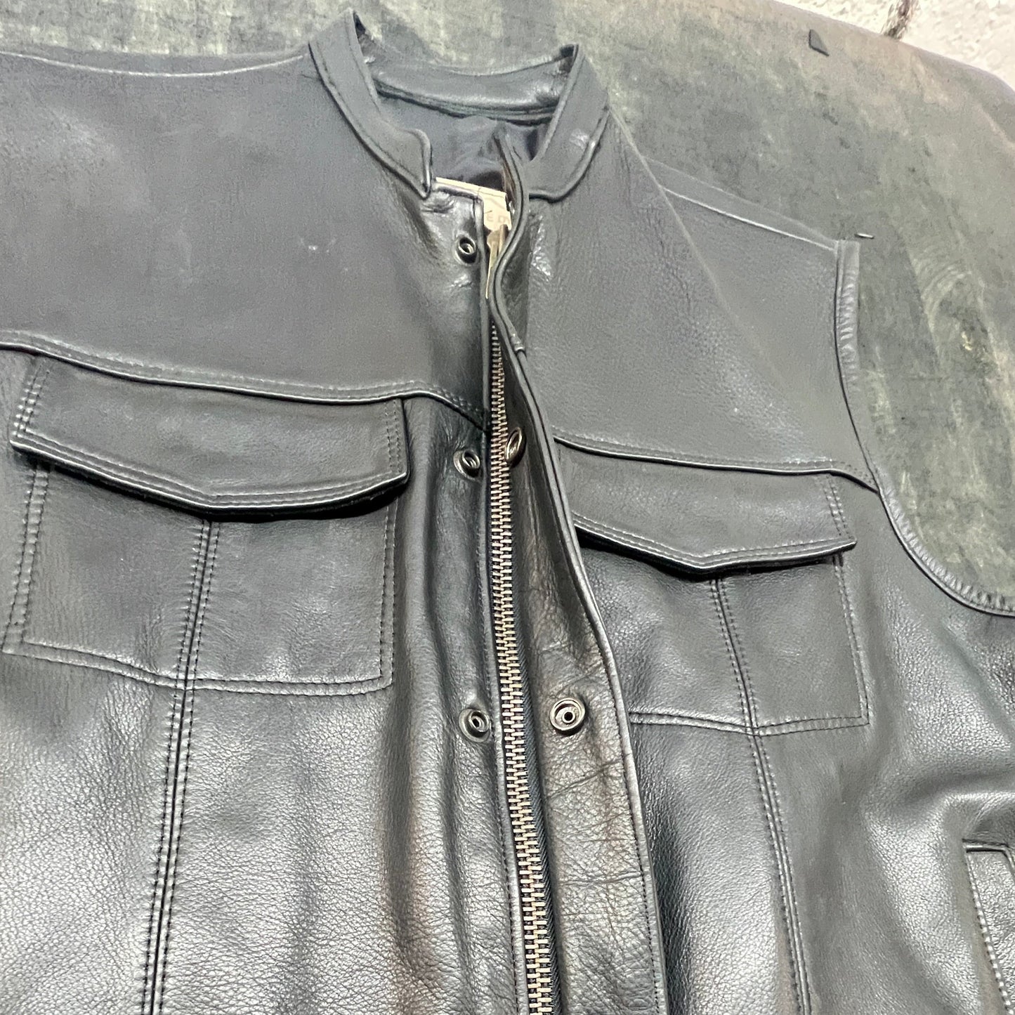Men's Zipper Front Collar Black Leather Club Vest #75